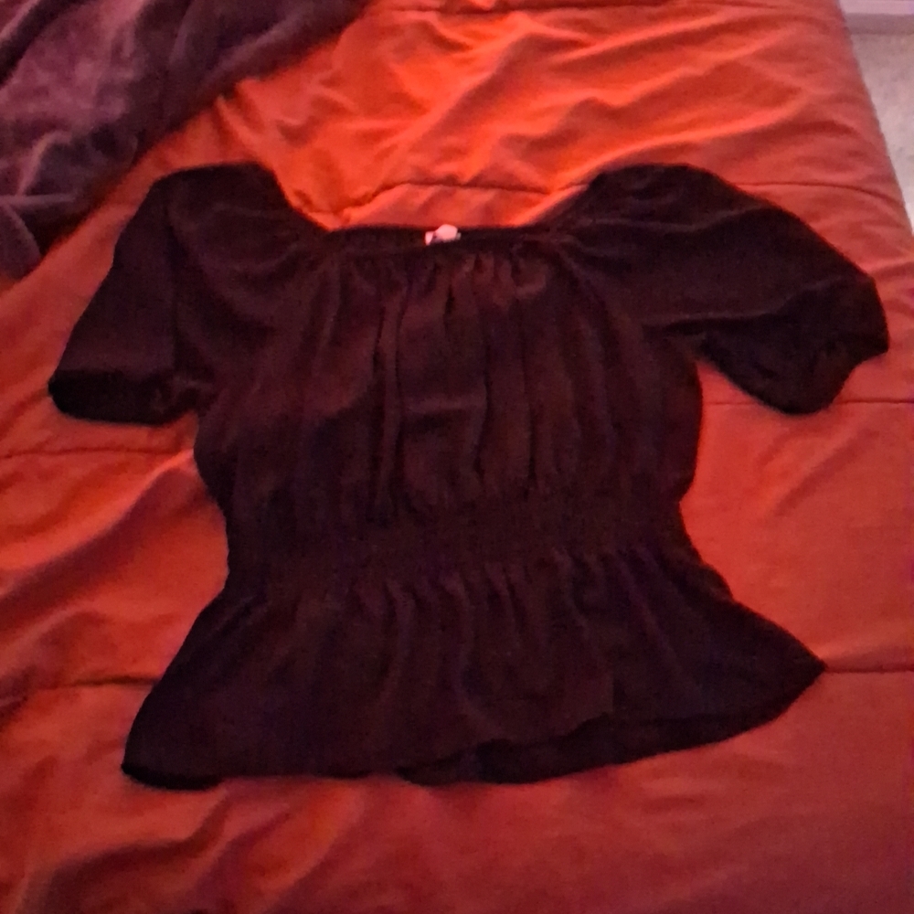 LOFT Red Smocked Ruffled Blouse